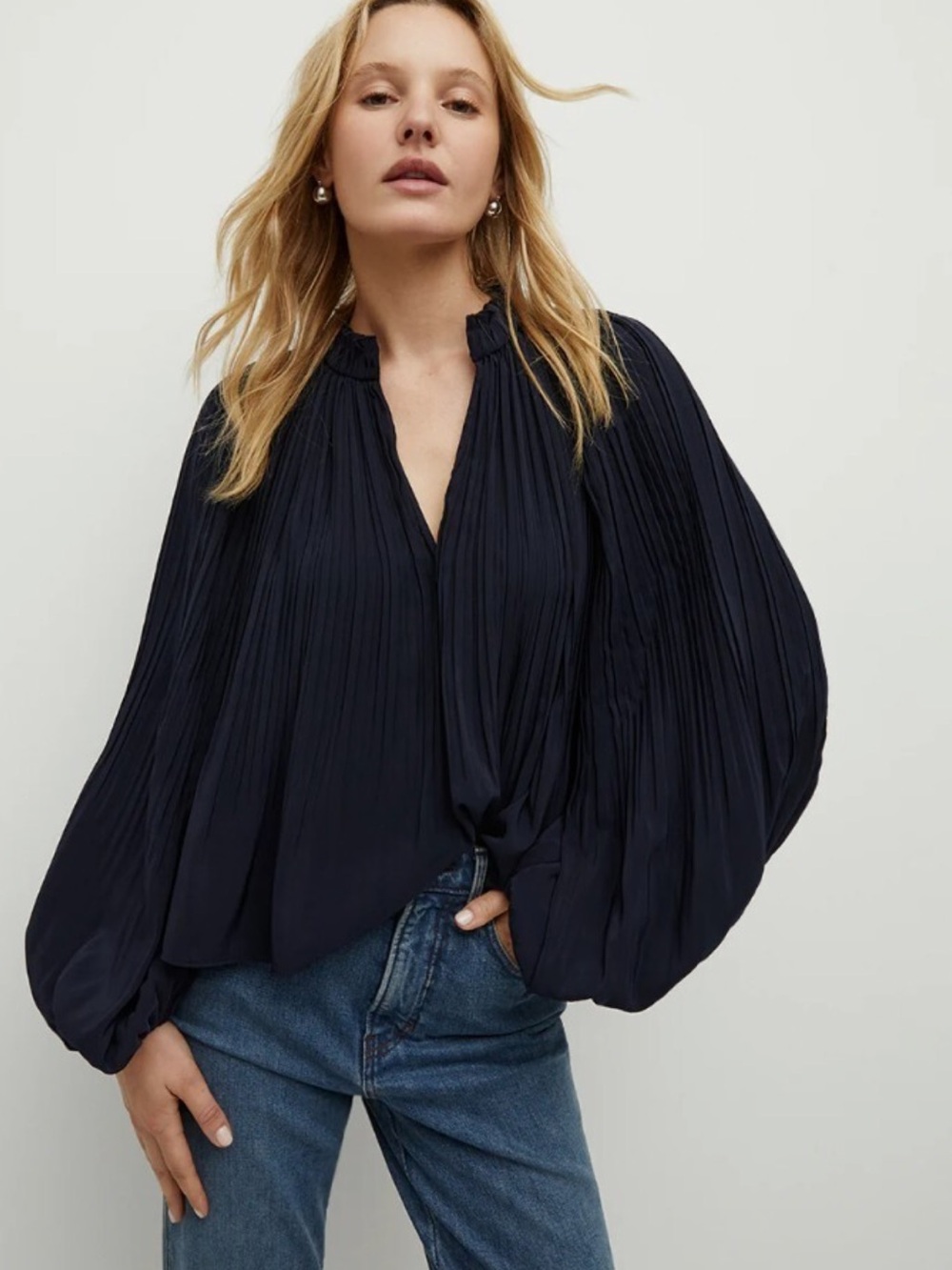 Veronica Beard Walker Pleated Navy Longsleeve Blouse | Size 0